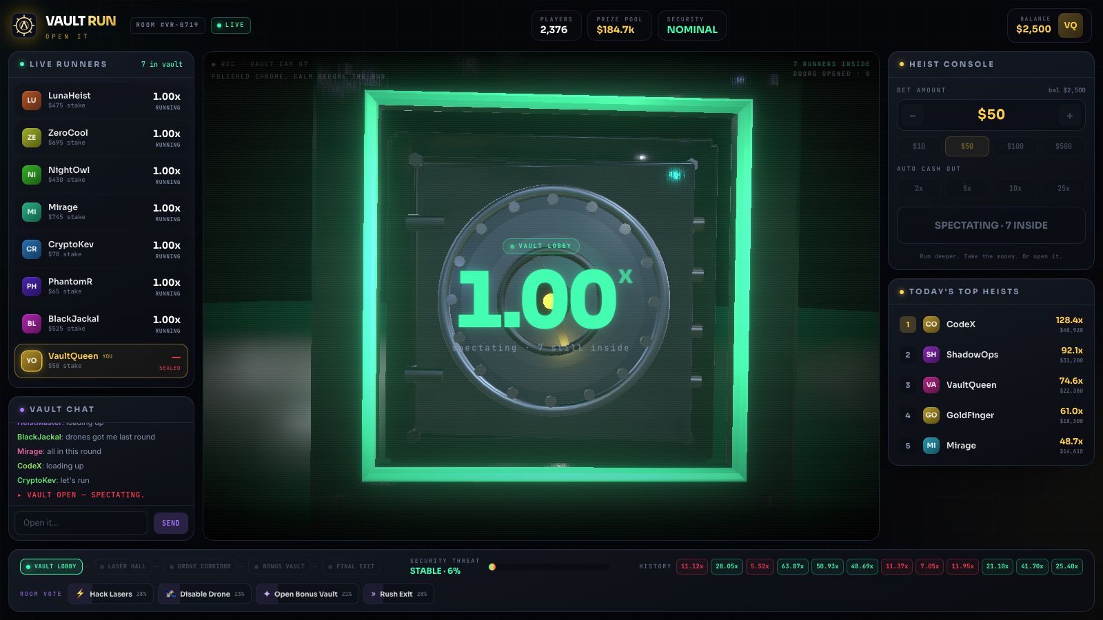 Vault Run live stream interface